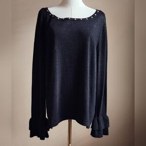 Black Rivet Sweater With Ruffle Cuffs, Sz XL